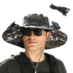 Wide brim sun hat with built-in solar fans in dark gray camouflage - front view