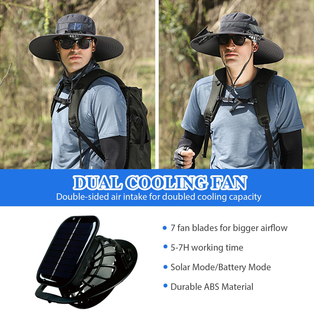 Close-up of solar fans built into the hat brim