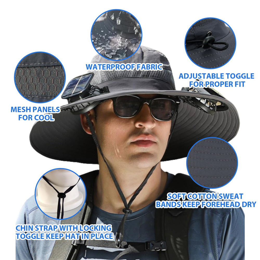 Outdoor scene with hat worn for hiking and fishing