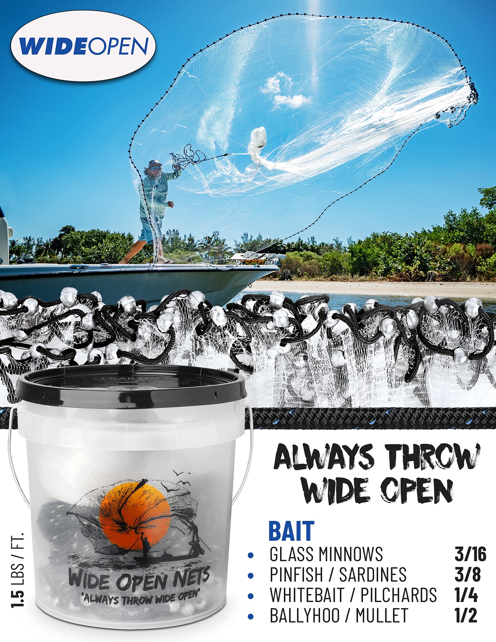 Wide Open Nets 1 lb per foot weight delivers solid sink and even coverage