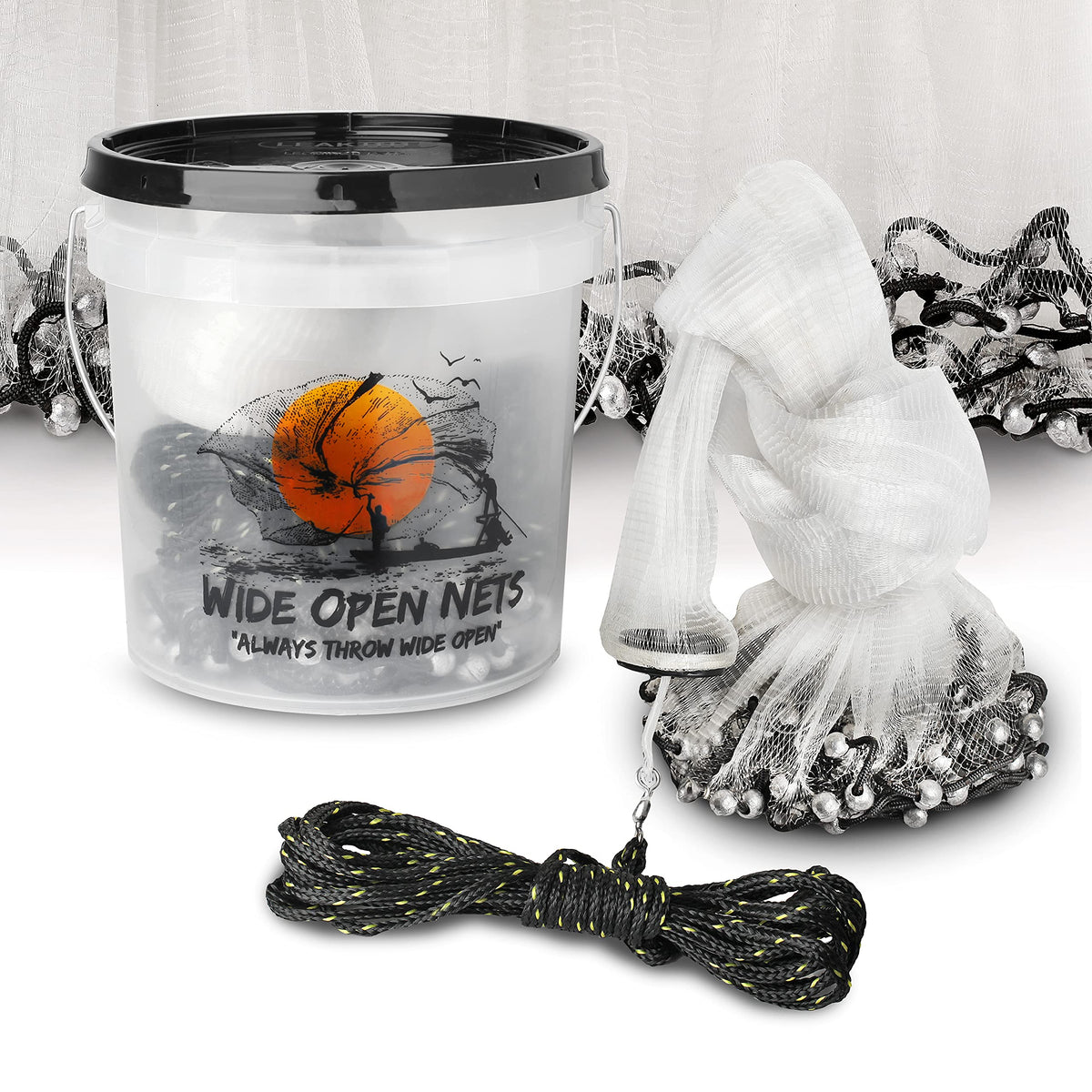 Wide Open Nets hand cast net with 6-12 ft diameter for versatile bait fishing.