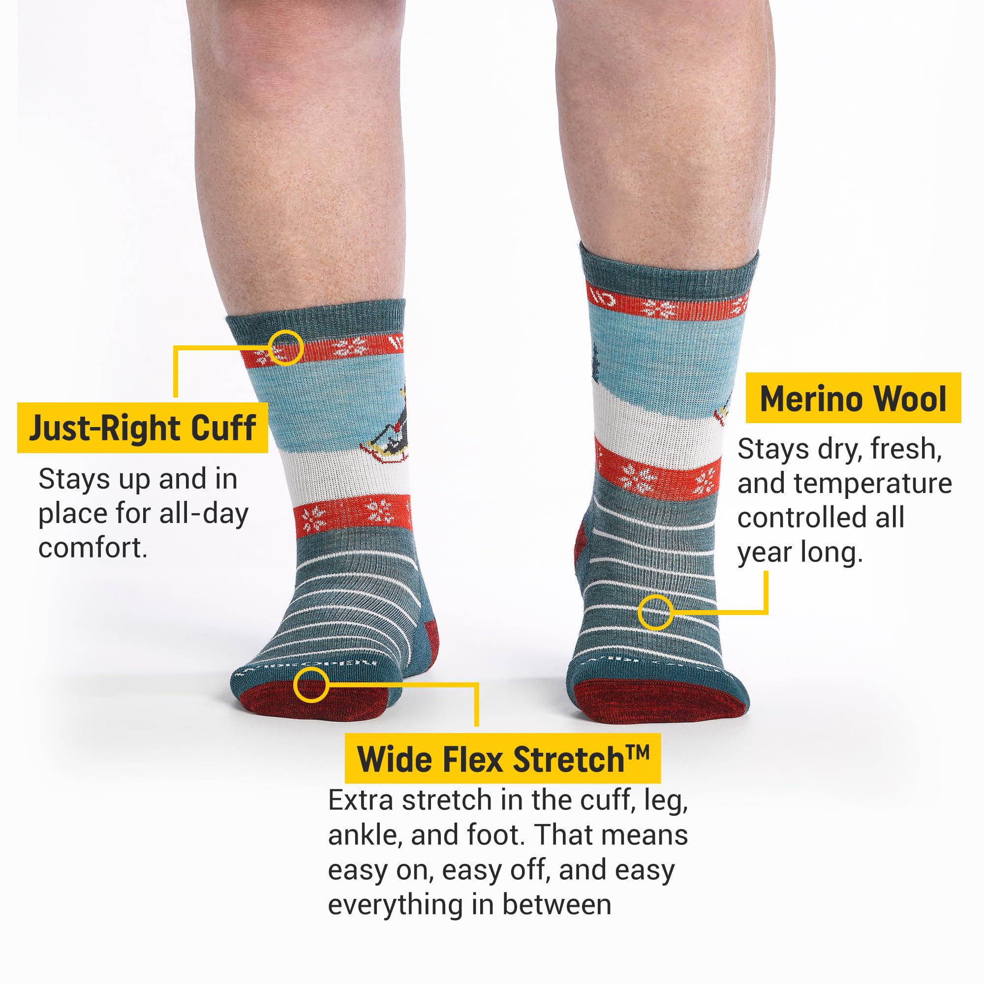 Wide Open teal merino-blend crew sock showing soft knit for moisture-wicking and temperature control.