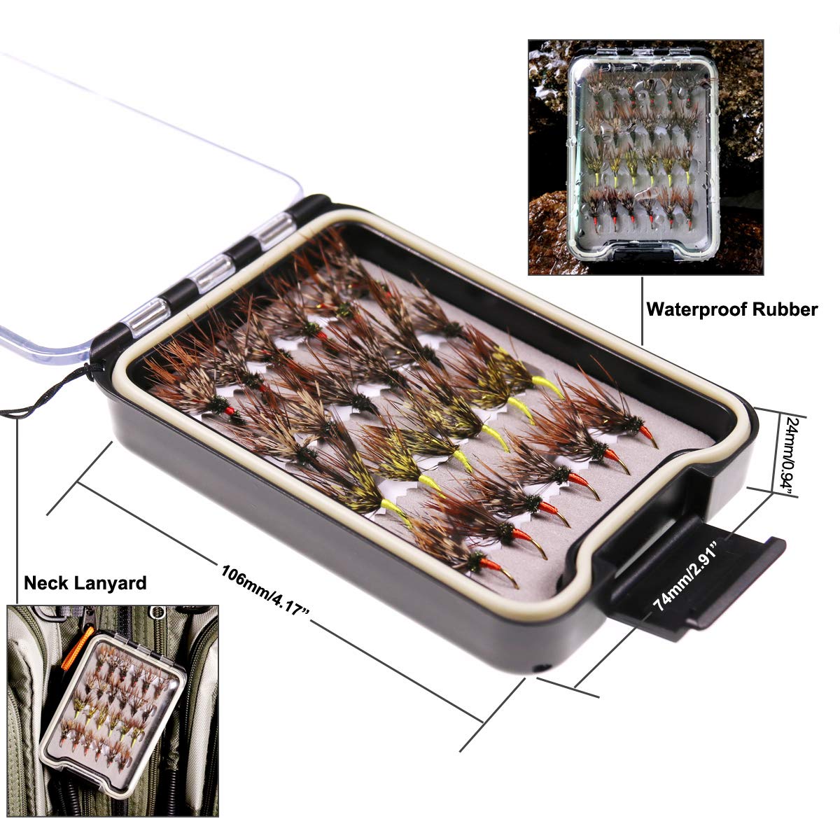 Pocket-sized waterproof fly box with lanyard