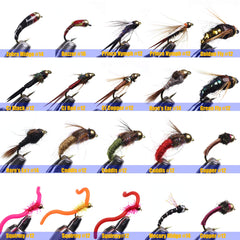 Assorted nymph flies tied on high-carbon steel hooks in sizes 12, 14, 16