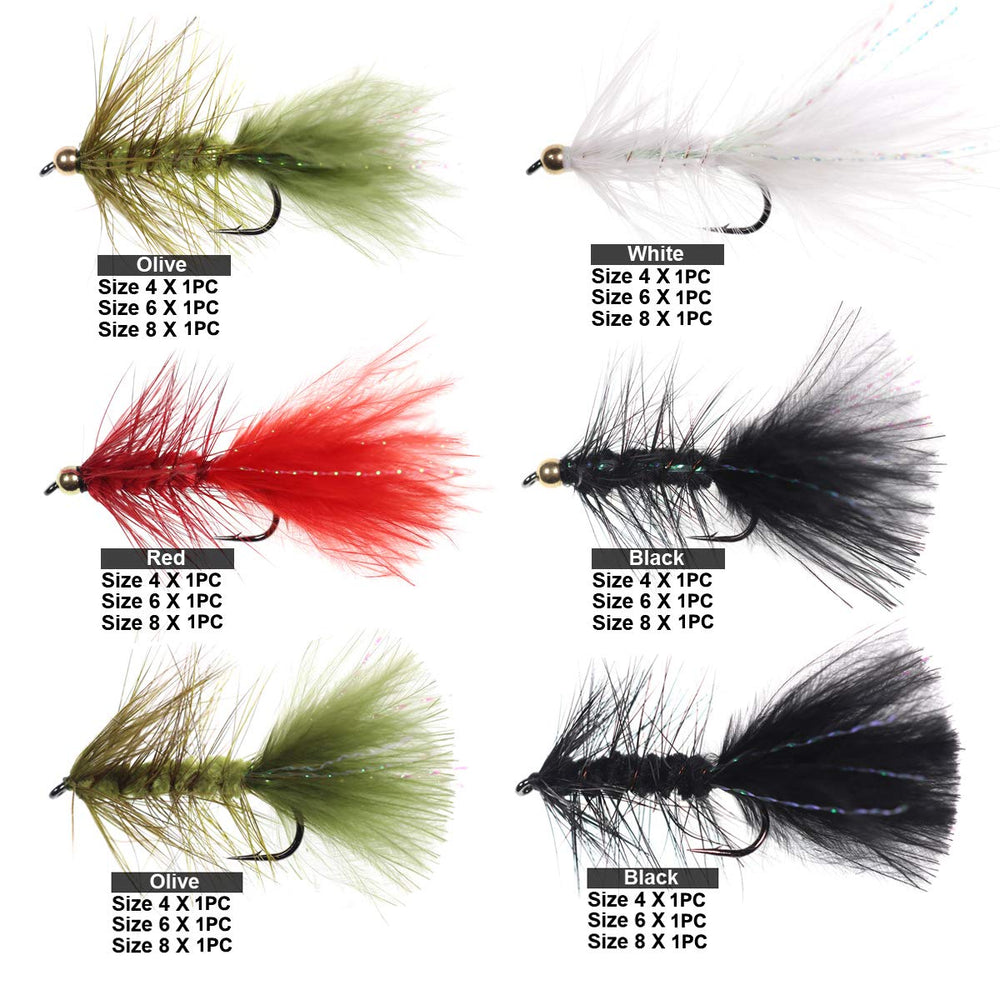 Assorted Woolly Bugger streamer flies in sizes 4, 6, and 8.