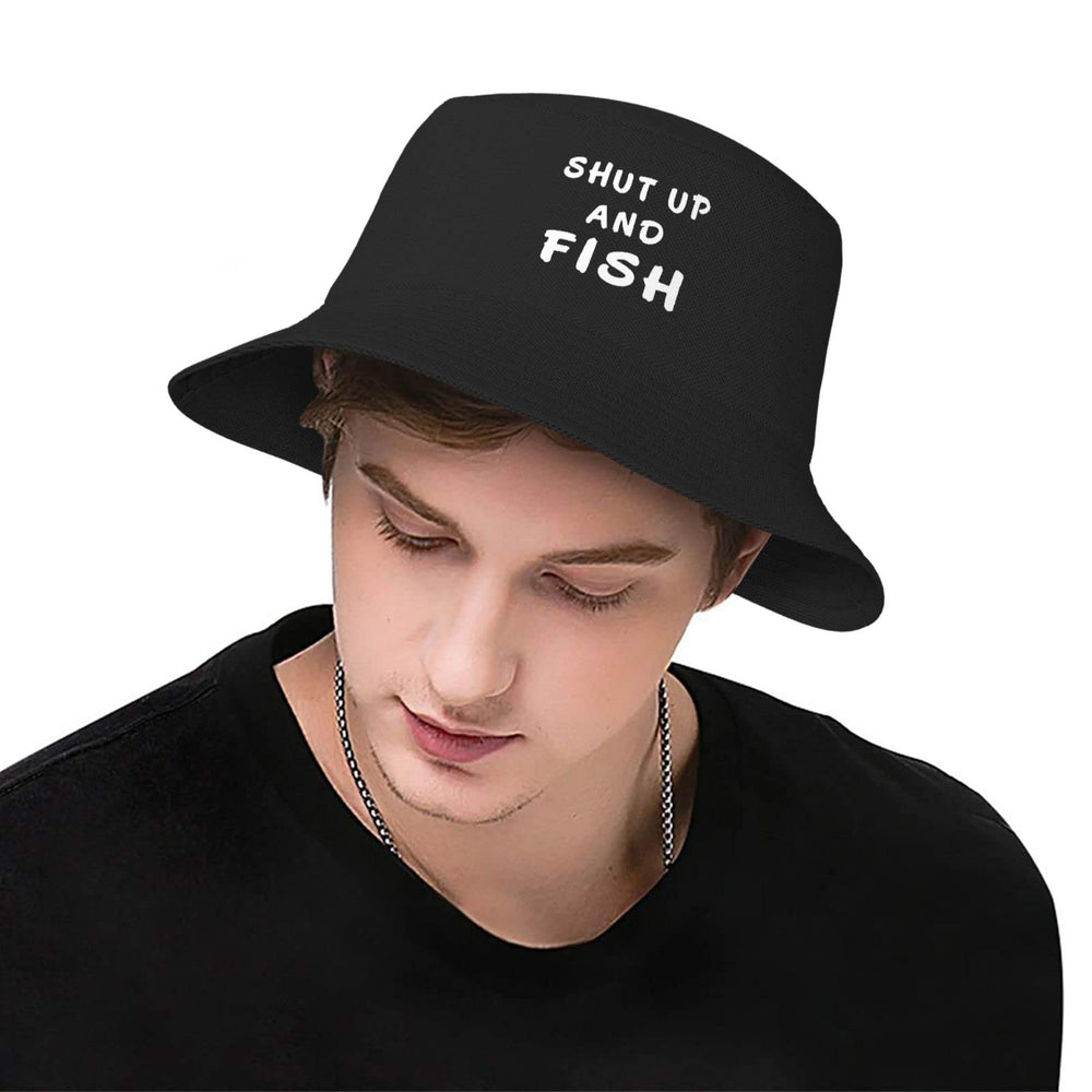 wikjxiz Shut Up and Fish bucket hat on beach scene with relaxed style