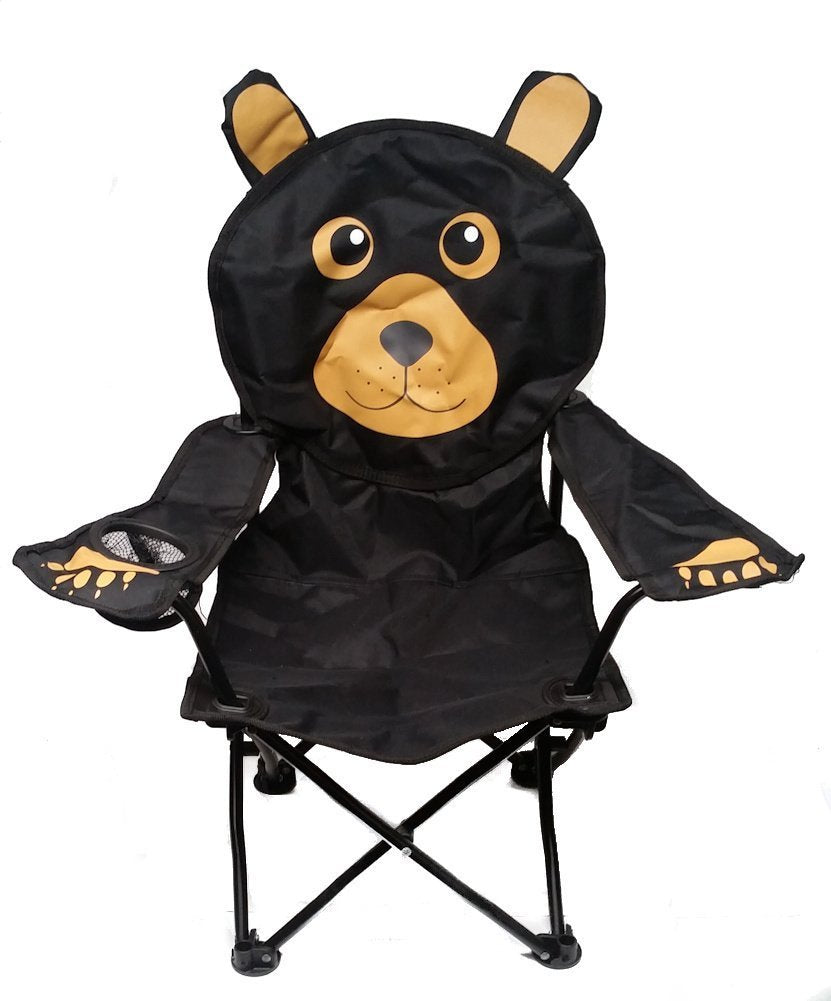 Wilcor Kids Folding Camp Chair in black bear open frame offers easy setup for outdoor adventures.
