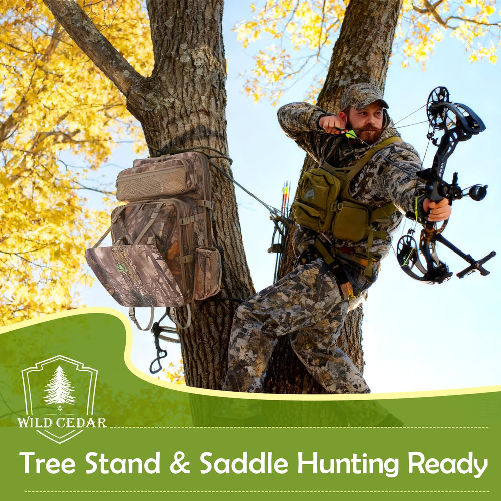 Wild Cedar Bow Hunting Backpack 3.0 camo detail blends with woodlands and brush