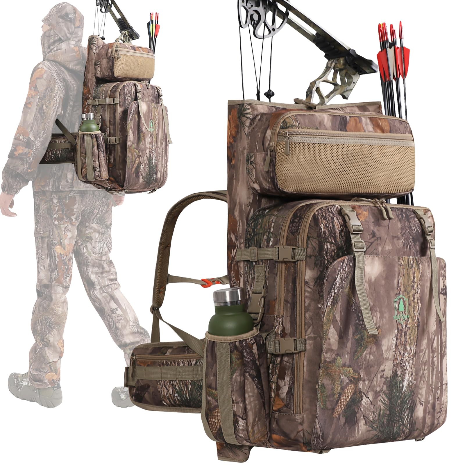 Wild Cedar Bow Hunting Backpack 3.0 front view showing rugged camouflage for all-day hunts
