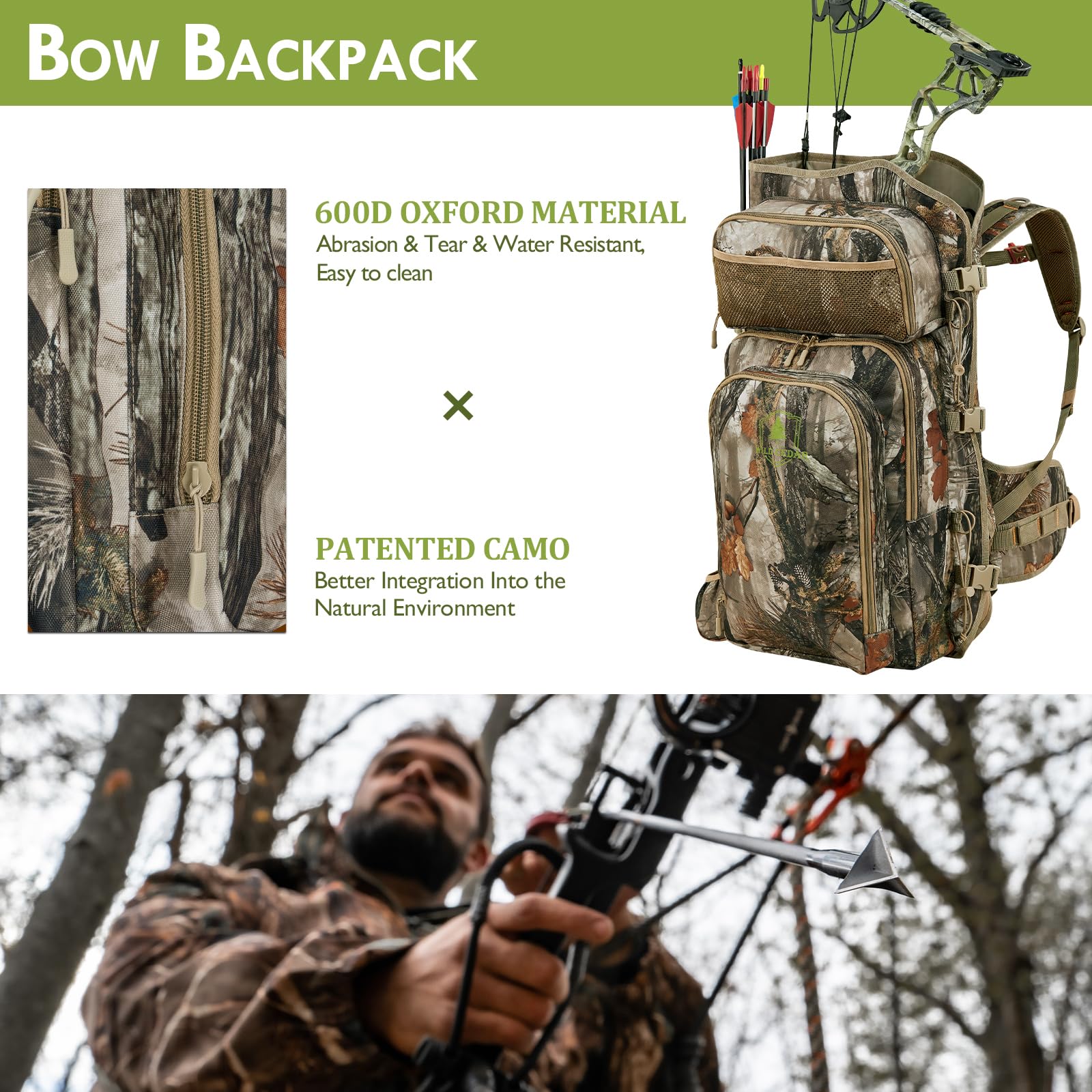 Wild Cedar bow hunting backpack durable 600D material withstands harsh conditions while remaining light.