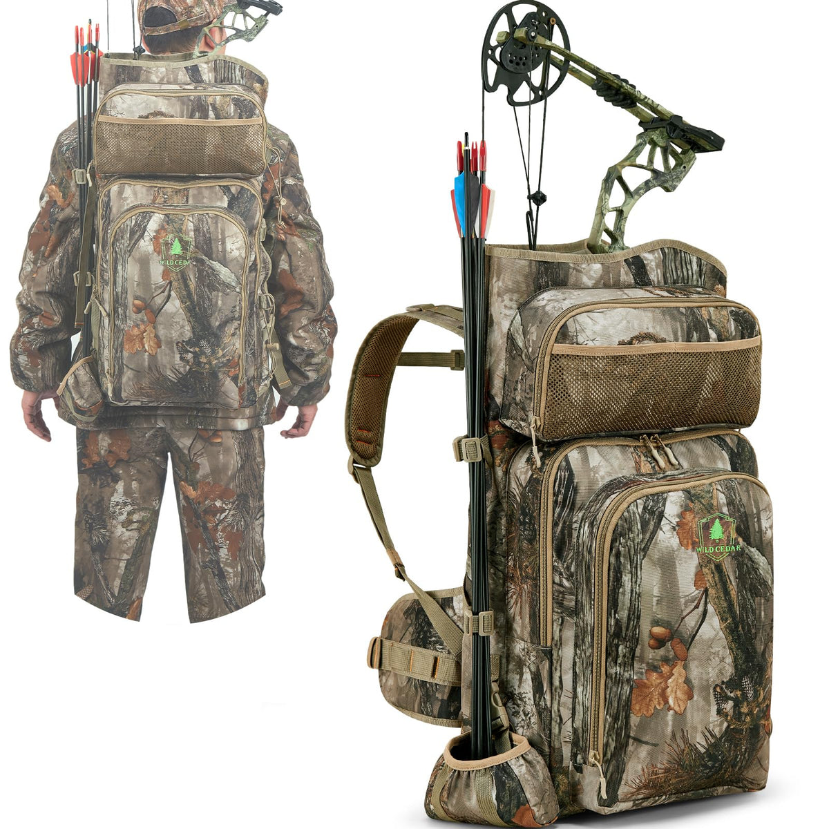 Wild Cedar bow hunting backpack main compartment keeps gear organized for quick access.