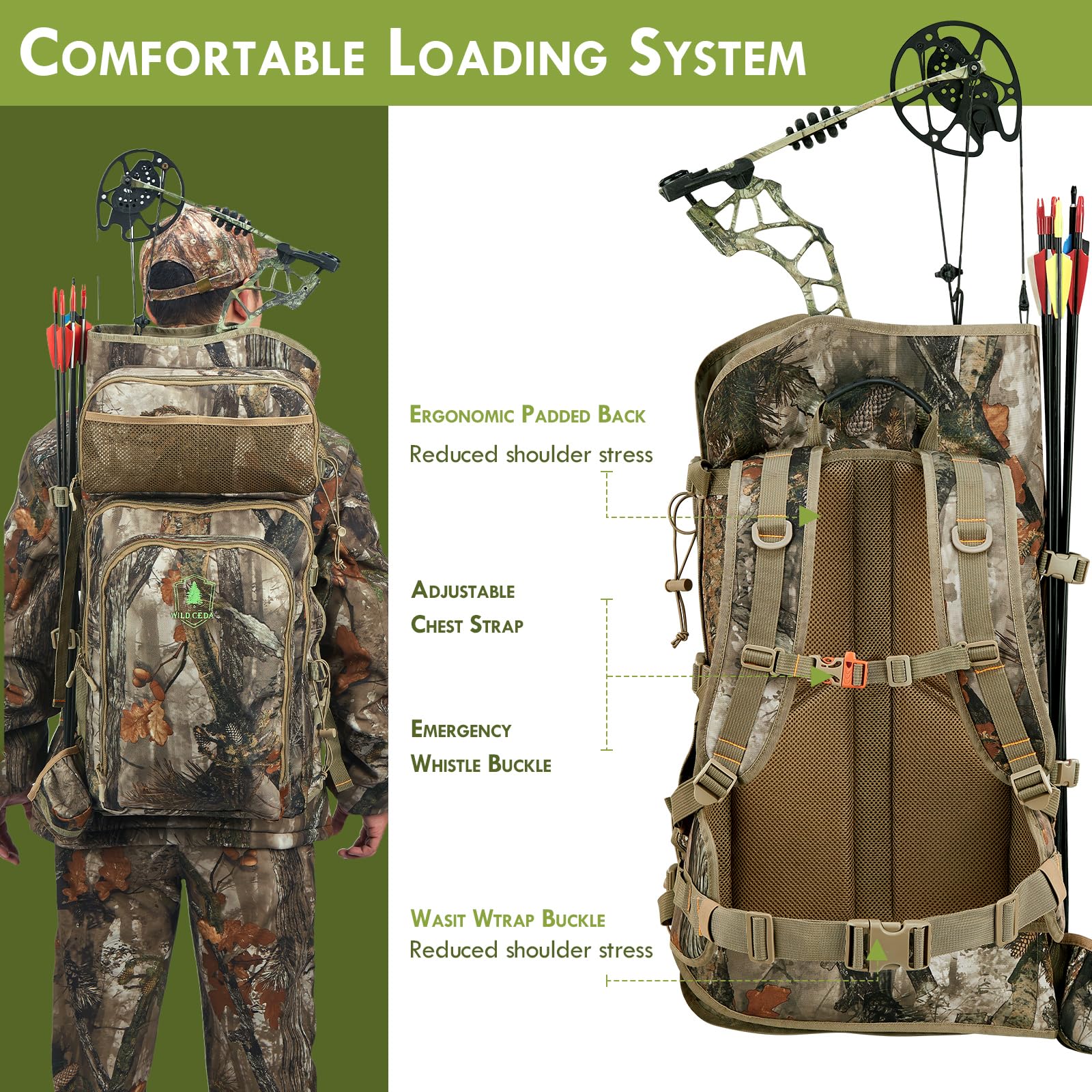 Wild Cedar bow hunting backpack shoulder-adjustment straps enhance comfort on rugged hunting days.