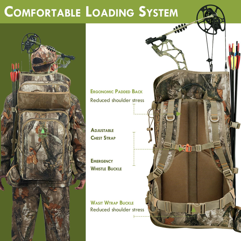 Wild Cedar bow hunting backpack shoulder-adjustment straps enhance comfort on rugged hunting days.