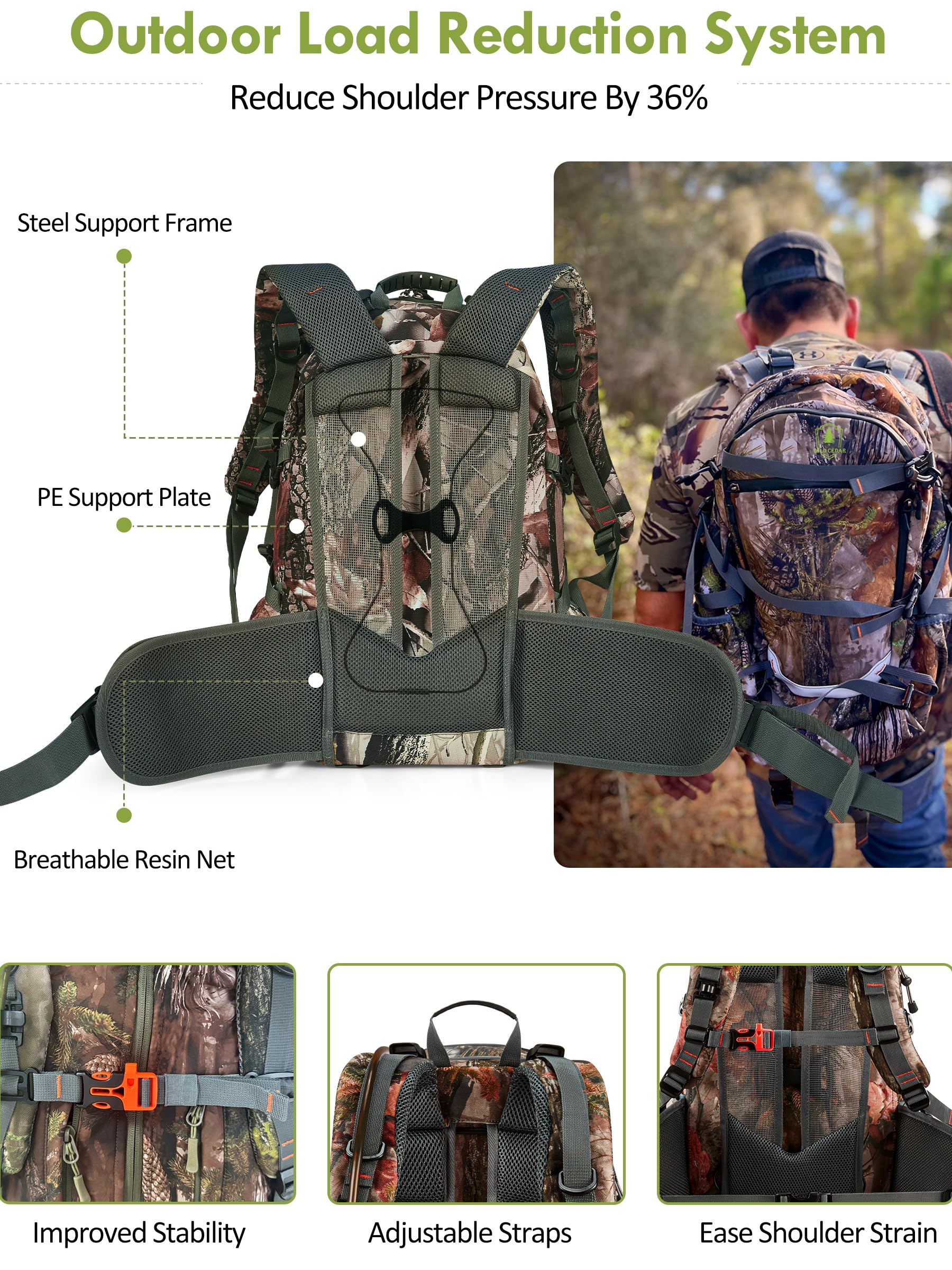 Wild Cedar camo hunting backpack pocket system highlights 15 pockets for gear separation.