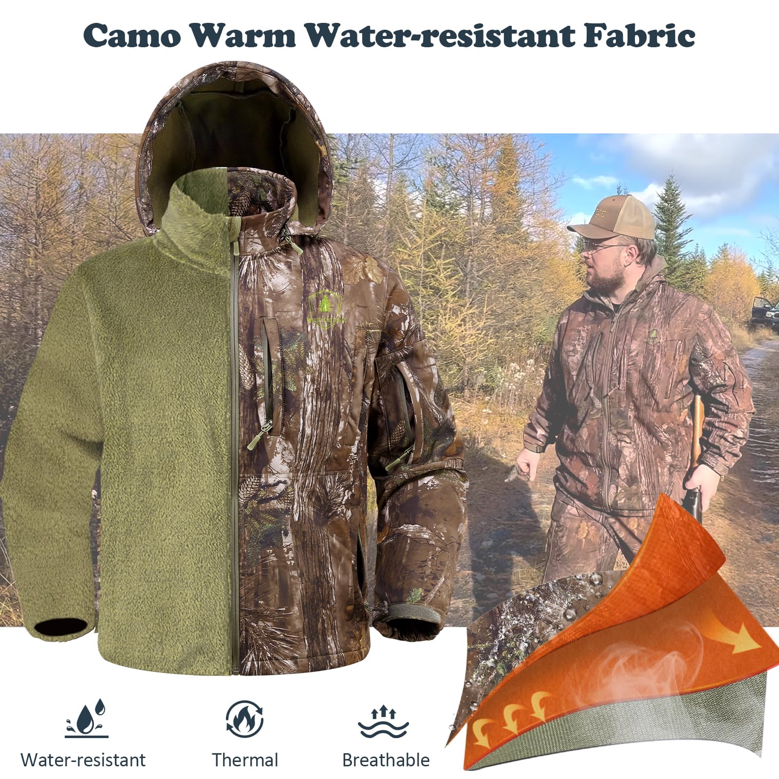Wild Cedar camo hunting pants side view shows pocket access and elastic waistband.