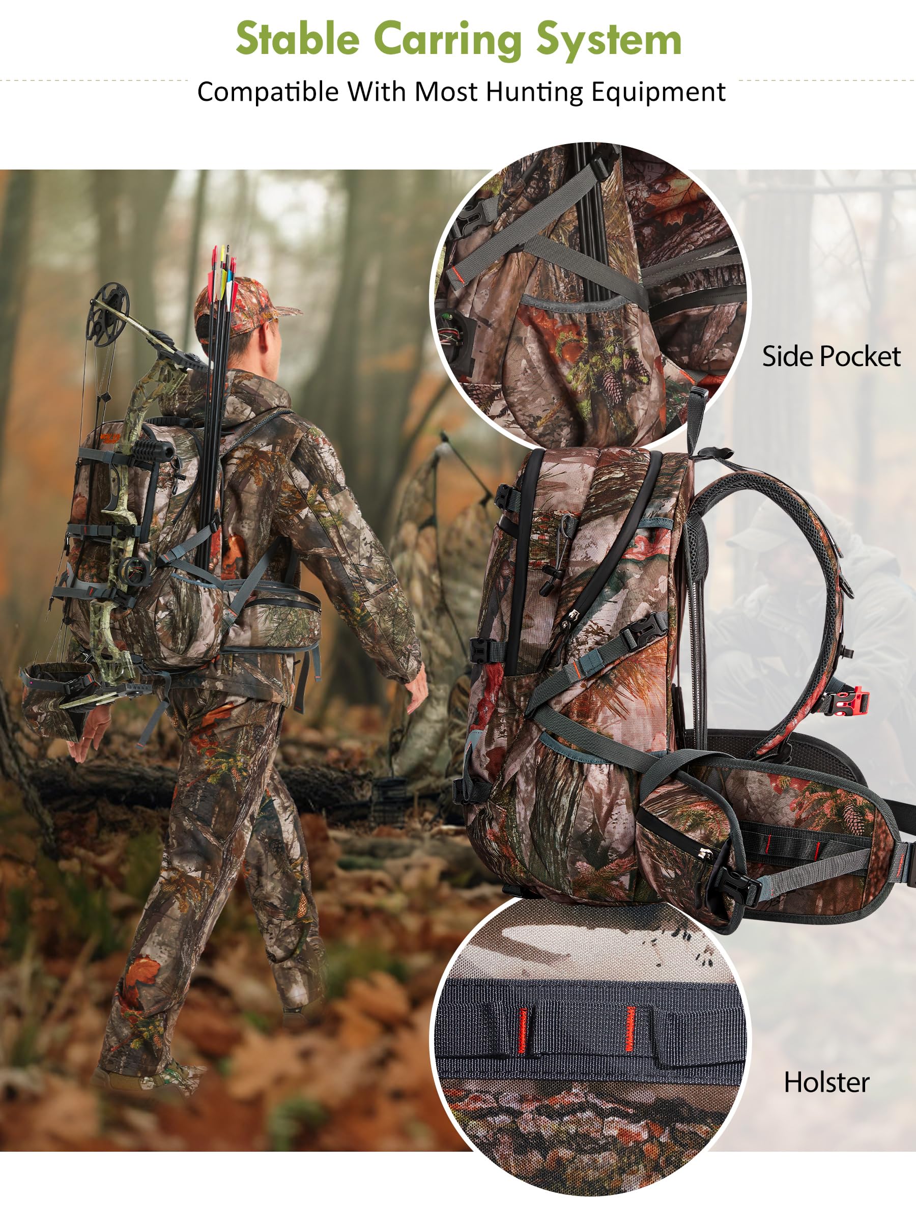 Wild Cedar hunting backpack waterproof 600D nylon exterior keeps gear dry during rain.