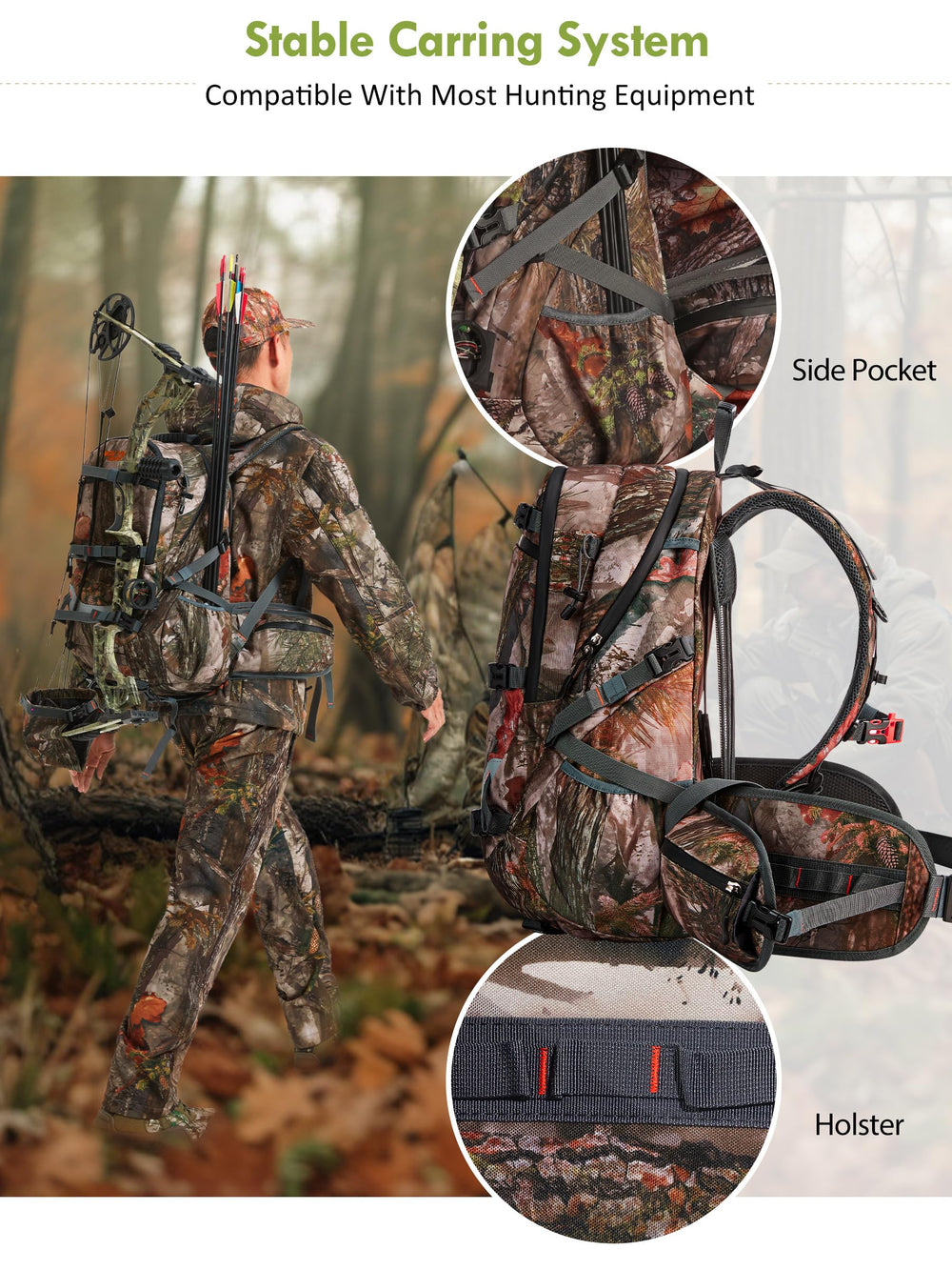 Wild Cedar hunting backpack waterproof 600D nylon exterior keeps gear dry during rain.