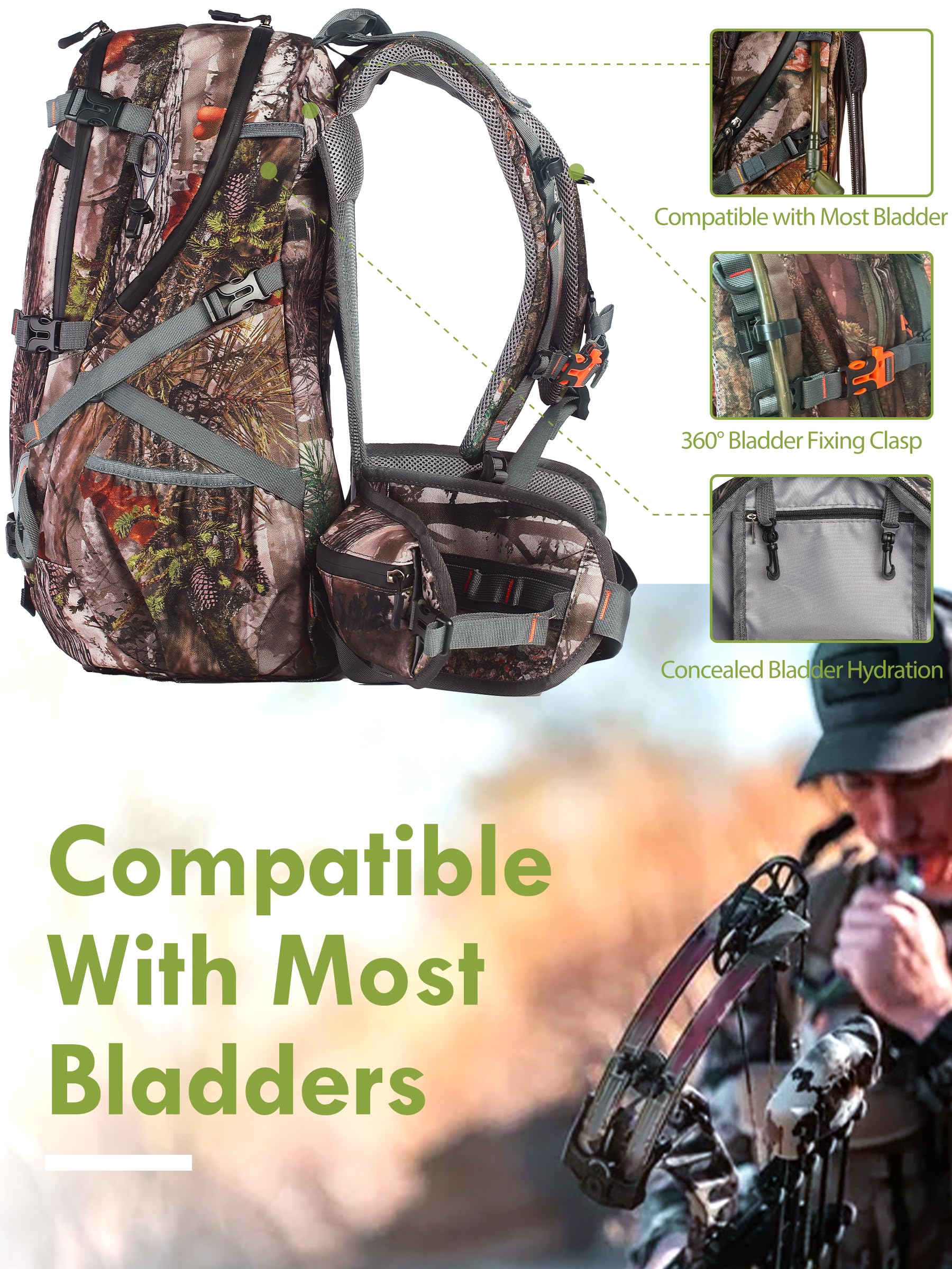 Wild Cedar internal-frame design supports weight for stability during hikes and hunts.