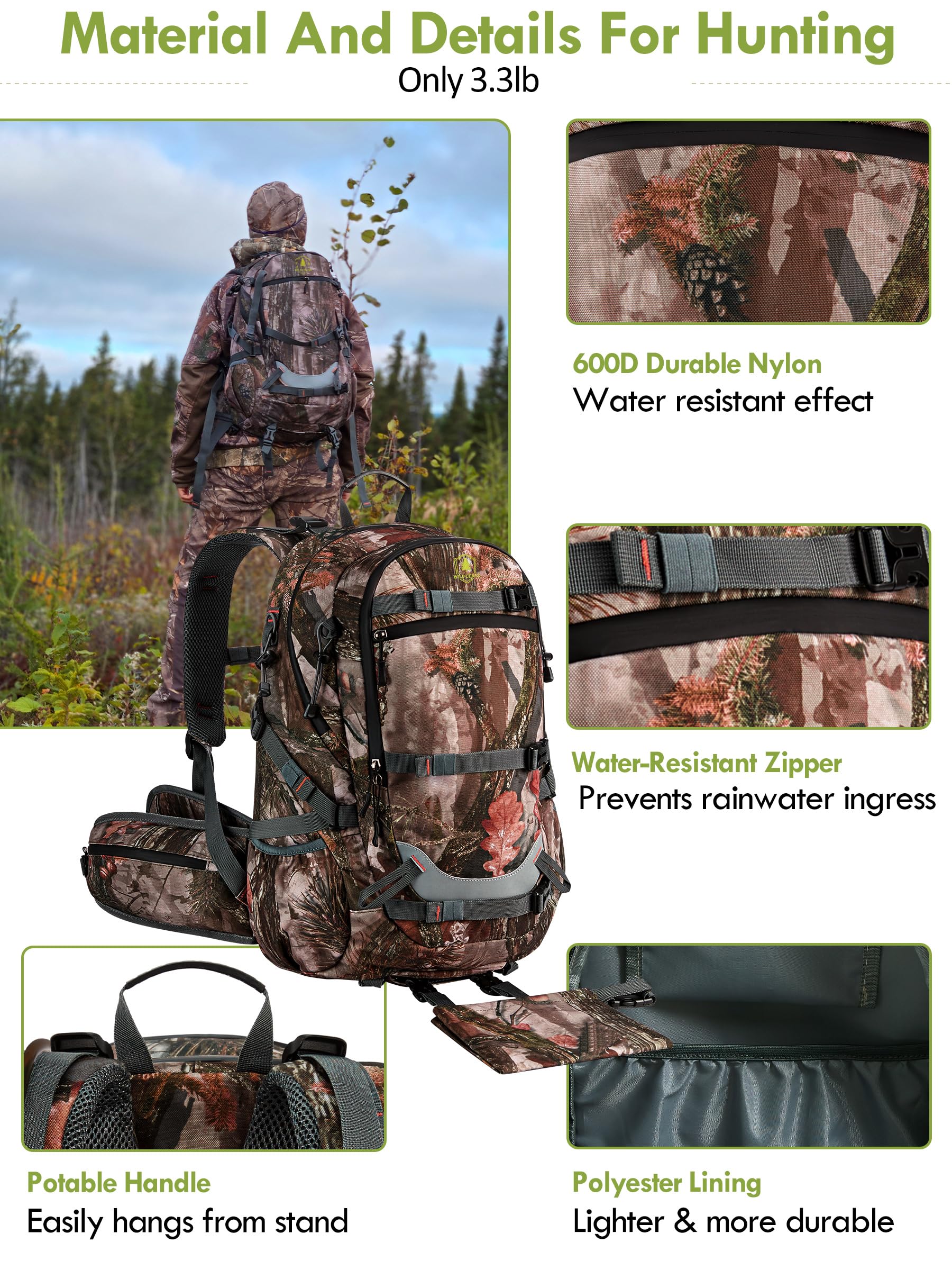 Wild Cedar rain cover protects gear from rain and rough field conditions.