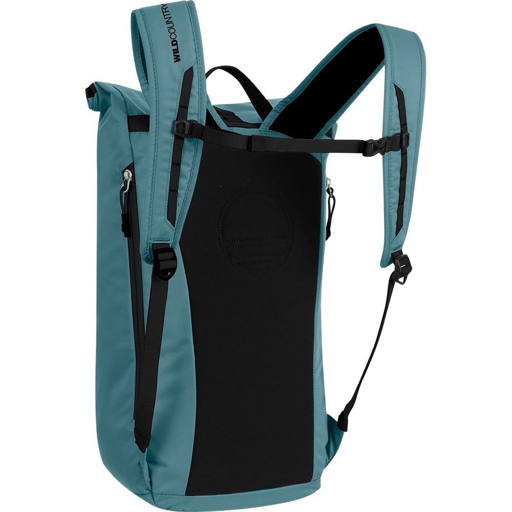 Wild Country Flow Backpack 26L main compartment fits harness, shoes, and gym clothes.