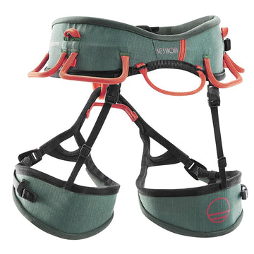 Wild Country Session Harness highlights padded mesh for ventilation and comfort.