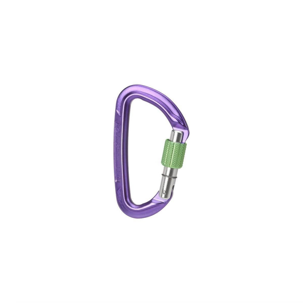 Wild Country Session screwgate carabiner in purple/green for secure climbing anchors.
