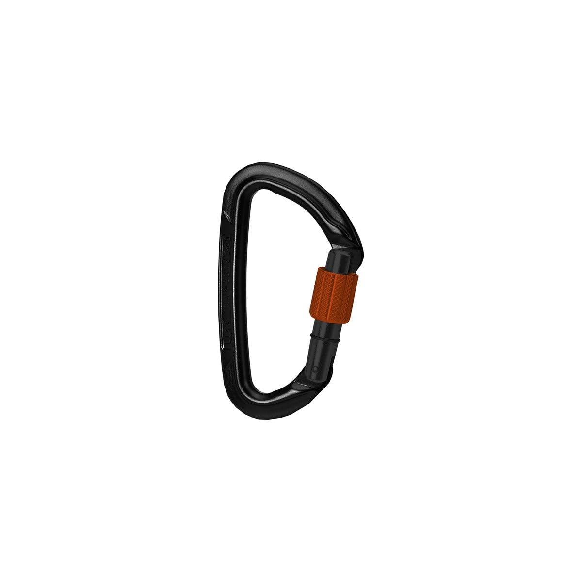 Wild Country Session Screwgate locking carabiner in black and tangerine, ideal for secure climbing anchors.