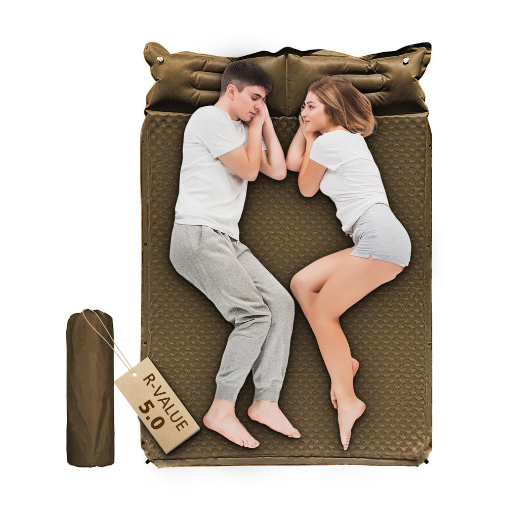 WILD FUN double sleeping pad in khaki, 2in thick for paired camping comfort.