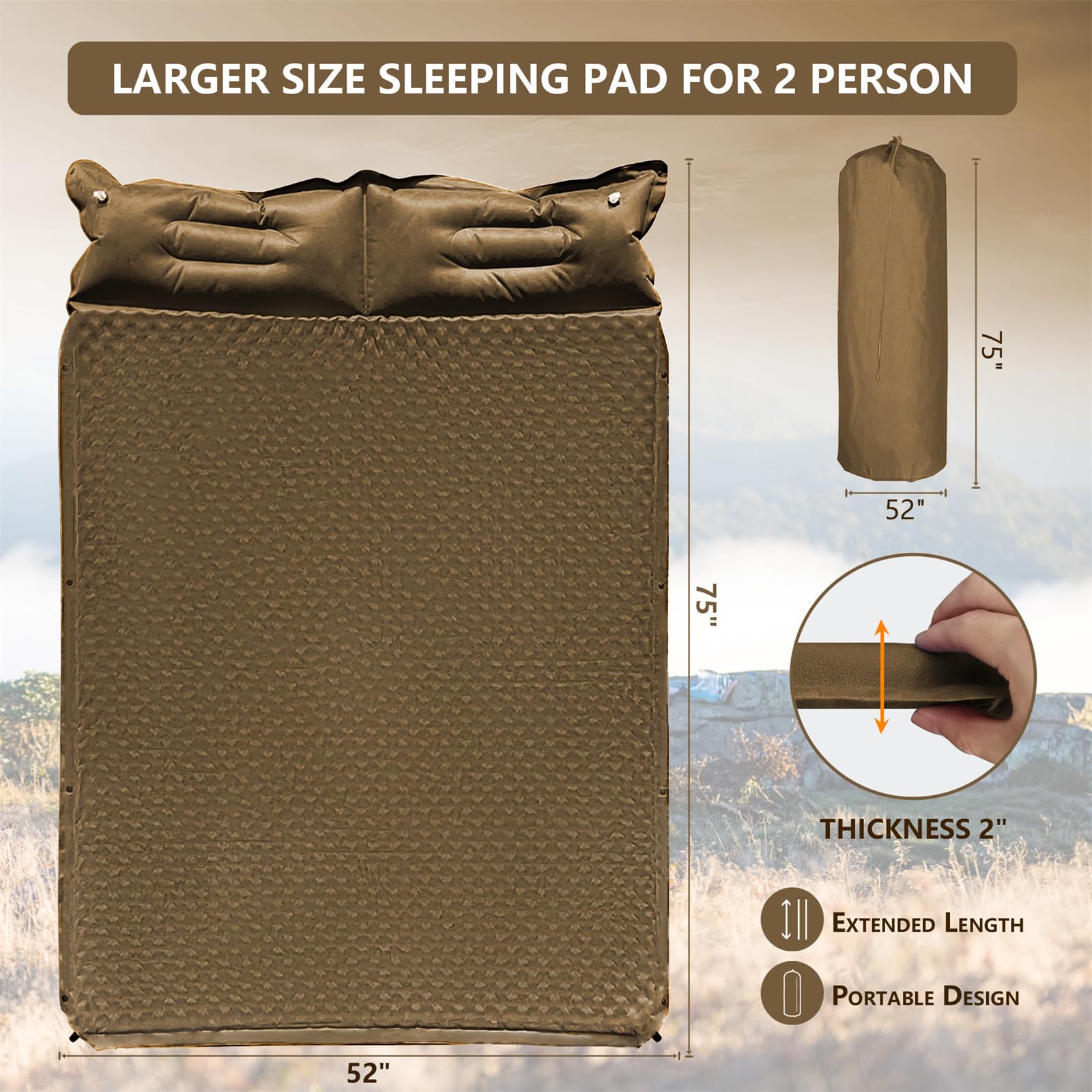 WILD FUN self-inflating camping pad with 5R suede insulation for quick, cozy setup.