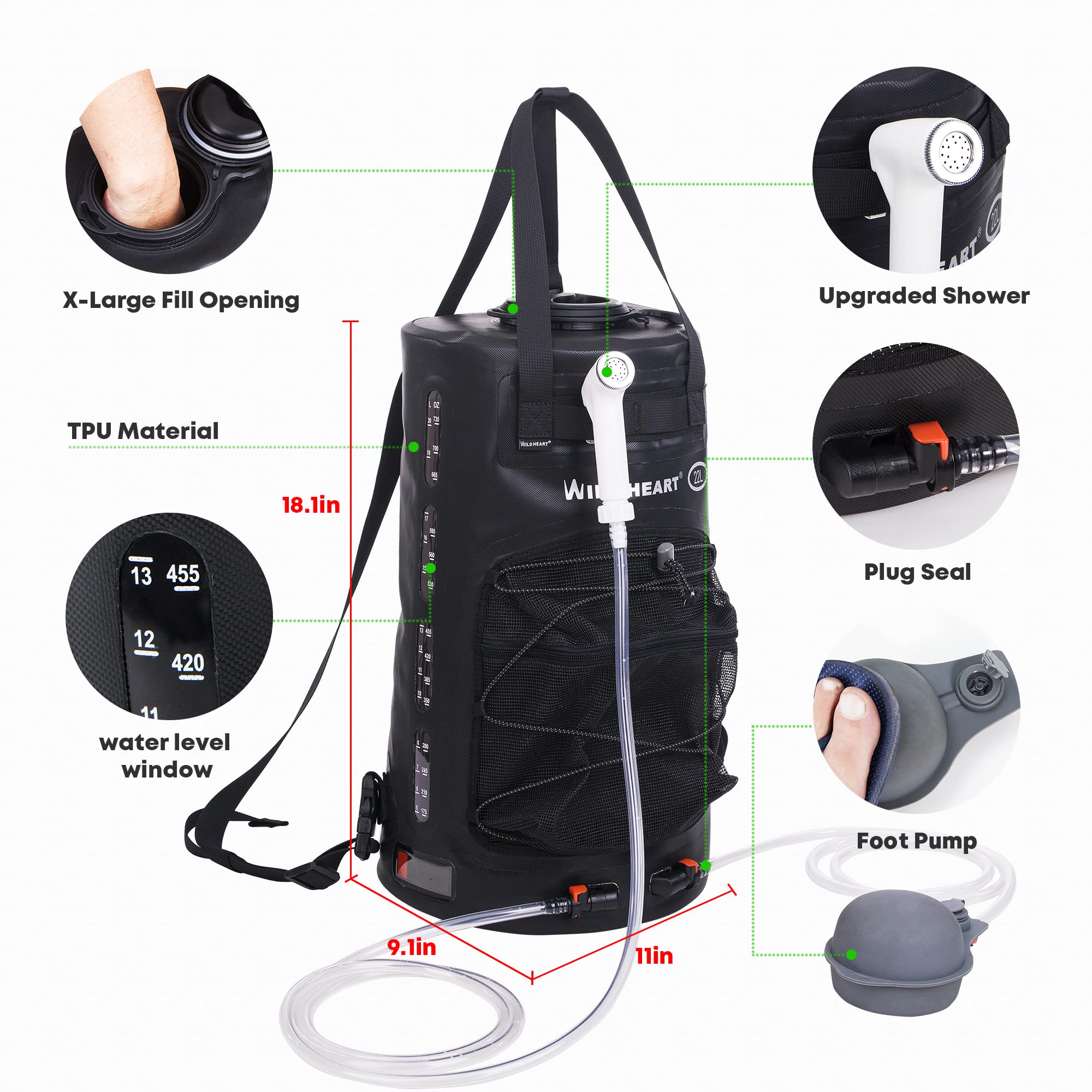 Wild Heart 22L foot-pump action enabling quick outdoor pressurized rinse.