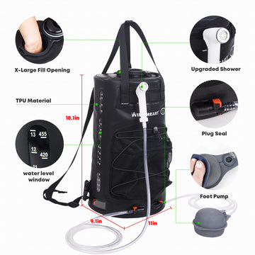 Wild Heart 22L foot-pump action enabling quick outdoor pressurized rinse.