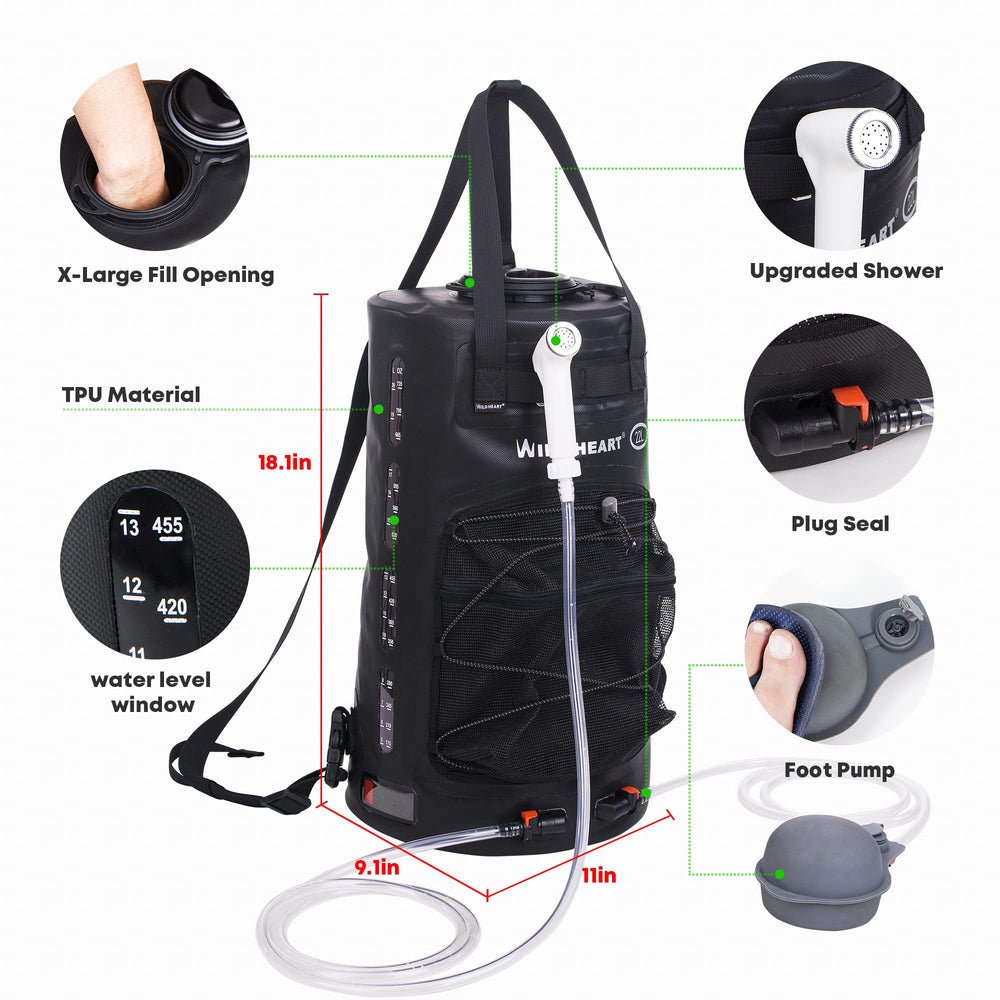 Wild Heart 22L foot-pump action enabling quick outdoor pressurized rinse.