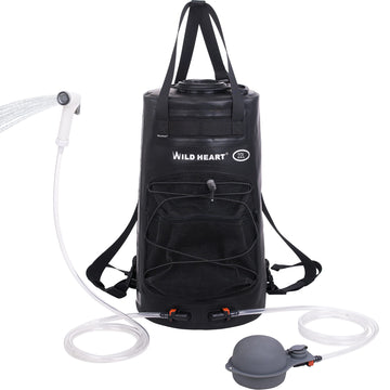 Wild Heart camping shower 22L in use for outdoor rinse and refresh.