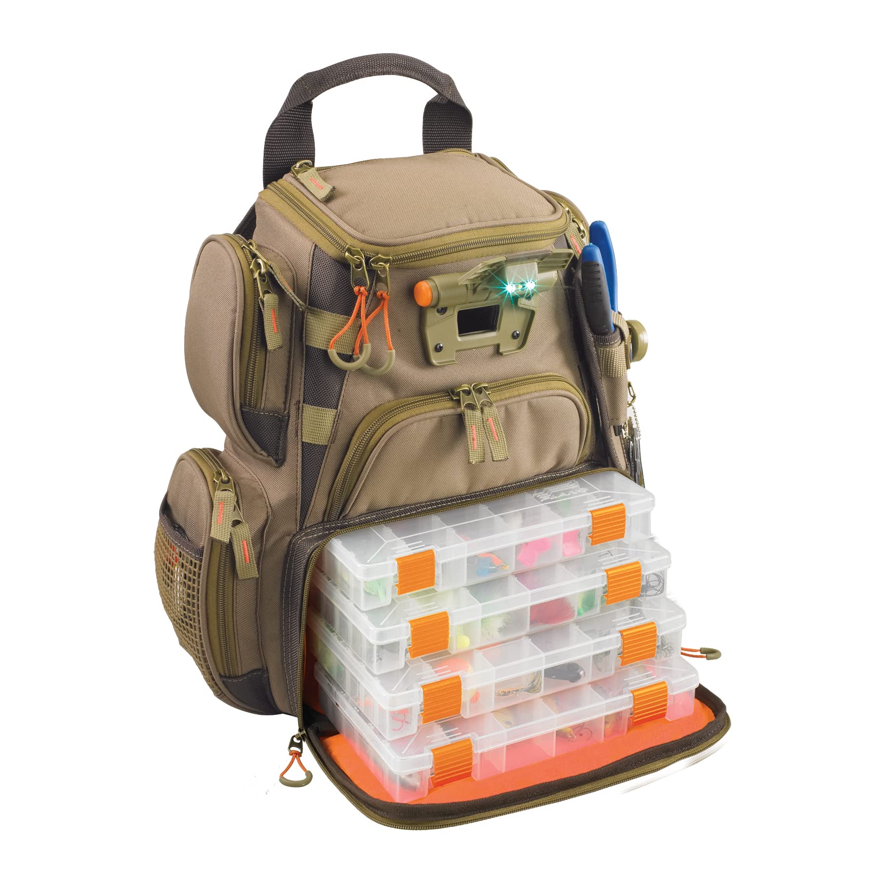 Front view of Wild River Recon lighted tackle backpack in beige