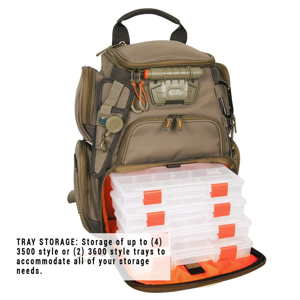 Side view of the Recon compact tackle backpack showing straps