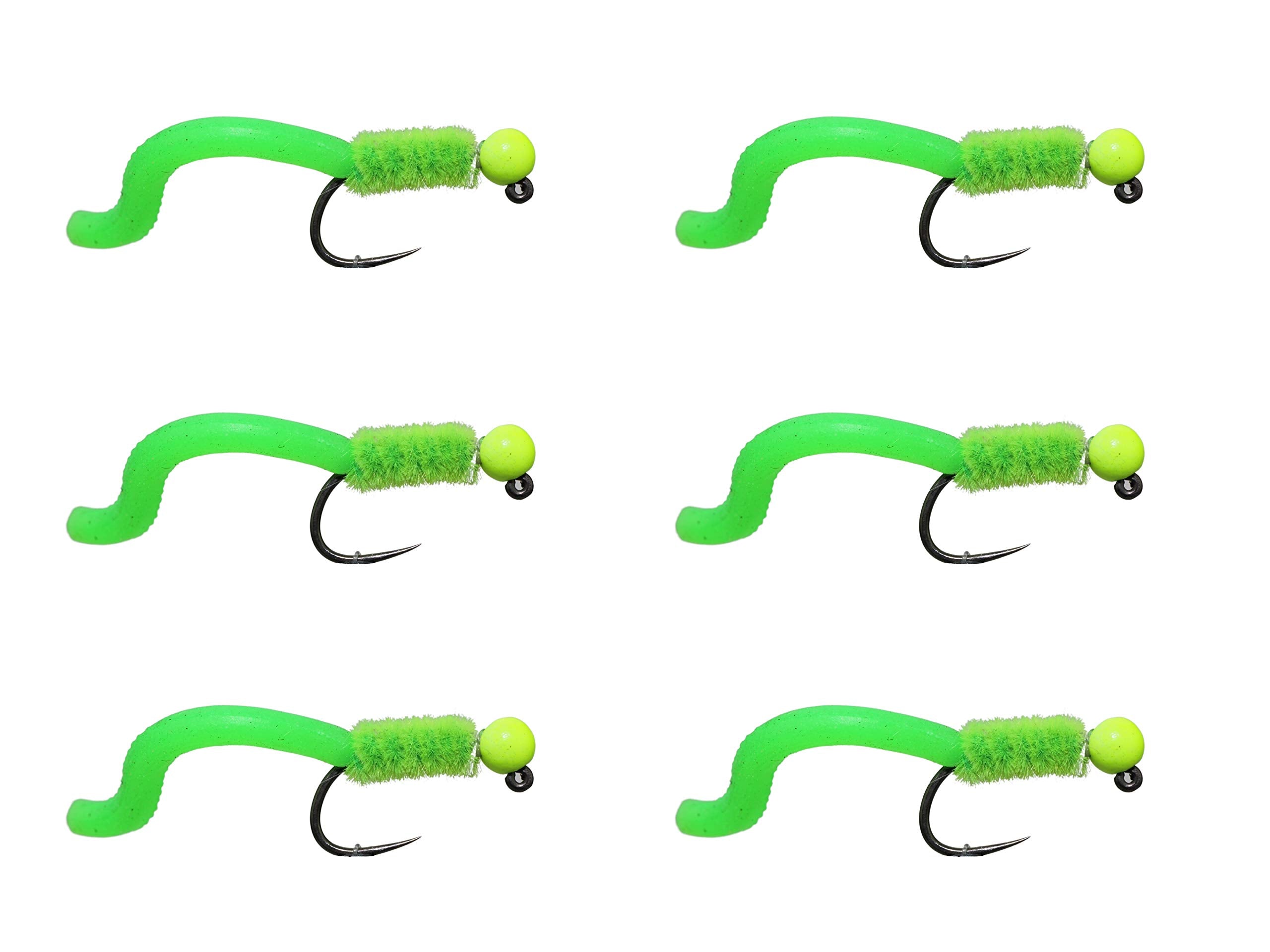 Wild Water chartreuse squirmy worm flies pack-6 size-12 boosts trout and bass fishing potential.