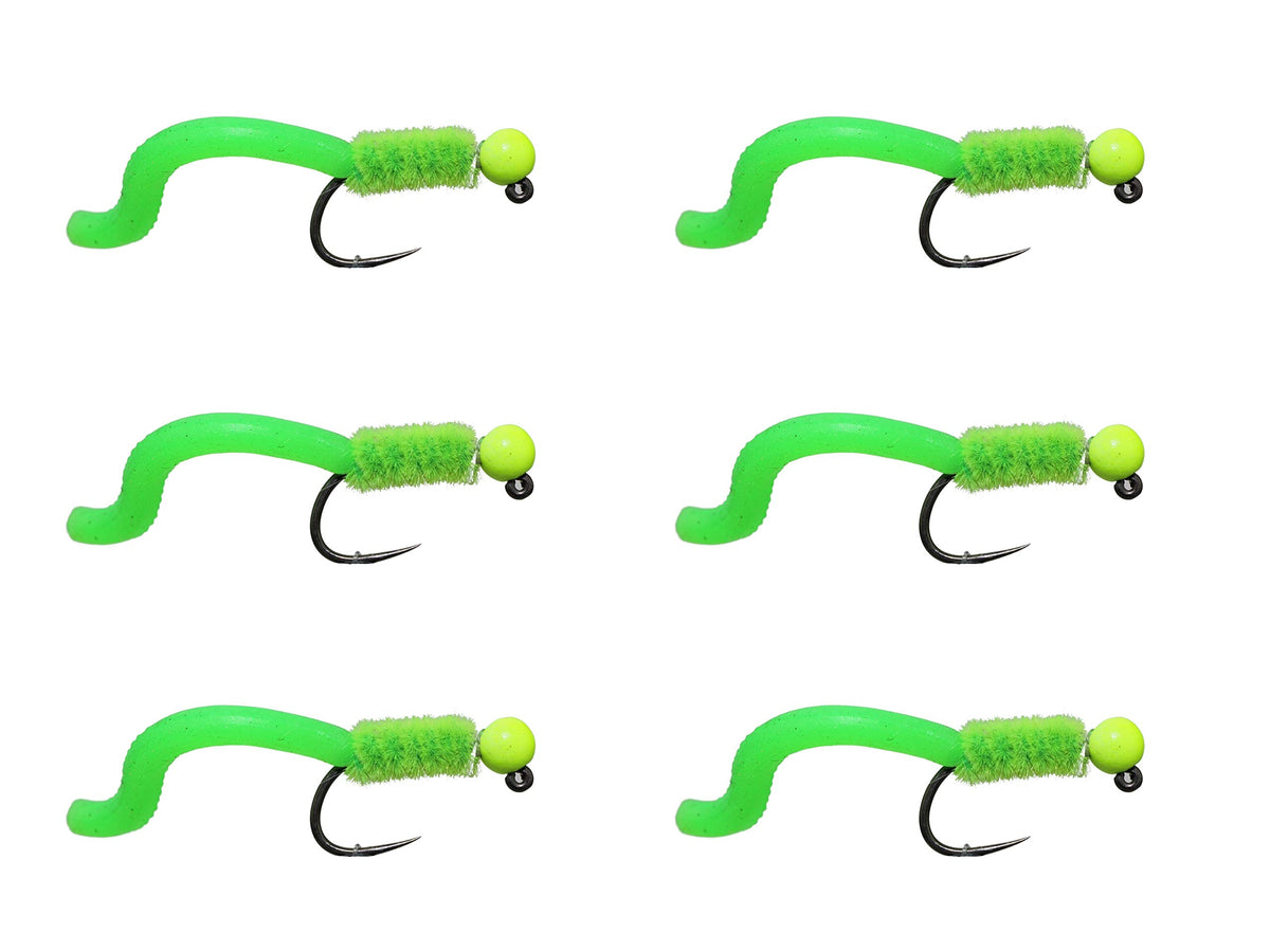 Wild Water chartreuse squirmy worm flies pack-6 size-12 boosts trout and bass fishing potential.