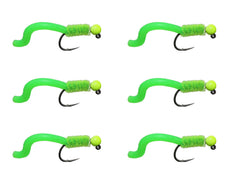 Wild Water chartreuse squirmy worm flies pack-6 size-12 boosts trout and bass fishing potential.