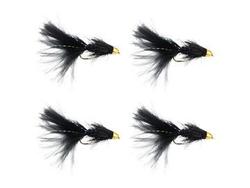 Wild Water cone head black woolly bugger size 8, front view for deeper-water trout.