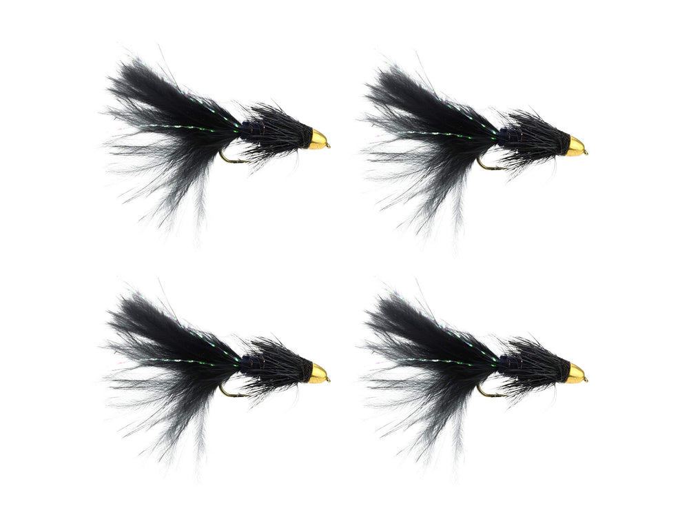 Wild Water cone head black woolly bugger size 8, front view for deeper-water trout.