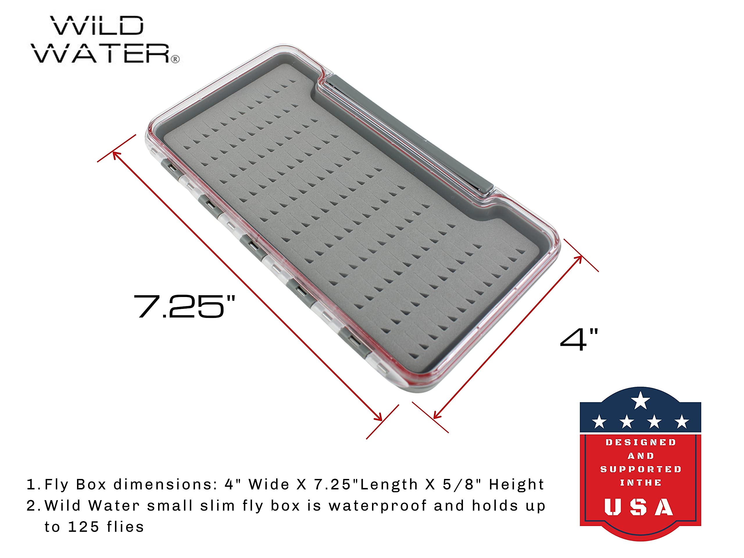 Wild Water fly box dimensions show compact, portable storage for anglers on the go.