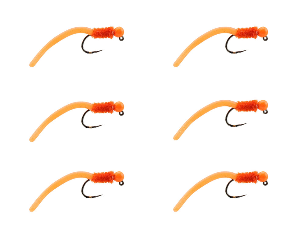 Wild Water orange squirmy worm fly with tungsten bead head for fast sinking