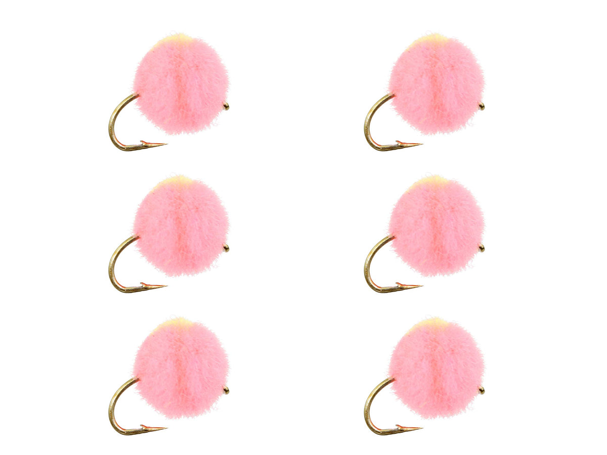 Wild Water pink egg yellow-spot fly, size 12, 6-pack for trout and salmon.