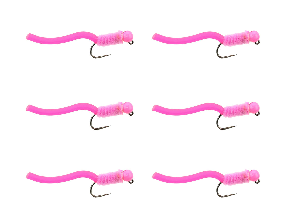 Wild Water pink squirmy worm flies with tungsten bead, reliable sinking for freshwater fishing.