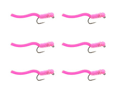 Wild Water pink squirmy worm flies with tungsten bead, reliable sinking for freshwater fishing.