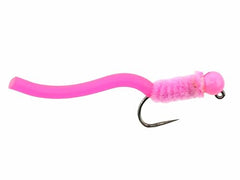 Wild Water pink squirmy worm flies barbless for easy release and safer angling.