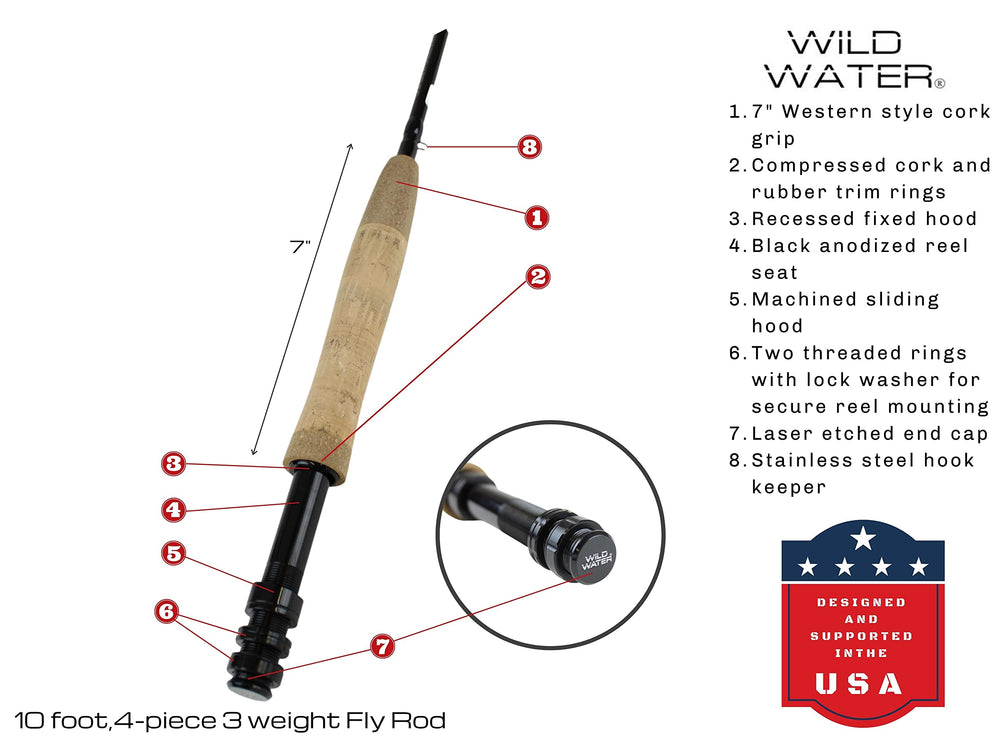 Wild Water fly rod aluminum reel seat ensures secure reel mounting and quick adjustments.