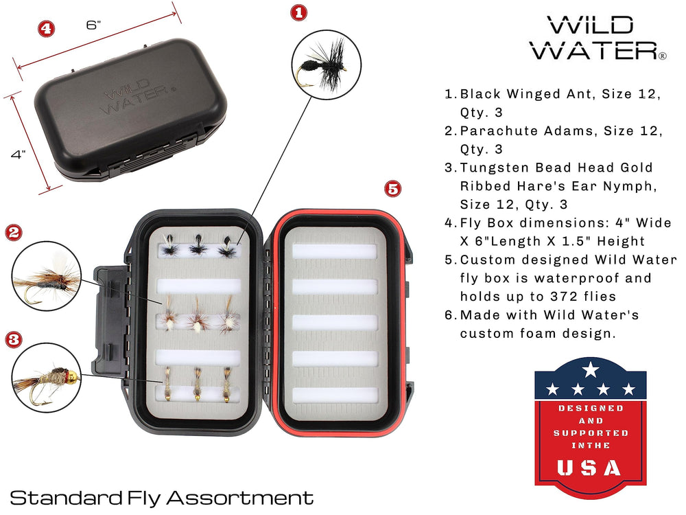 Wild Water waterproof fly box keeps flies organized and protected on any trip.
