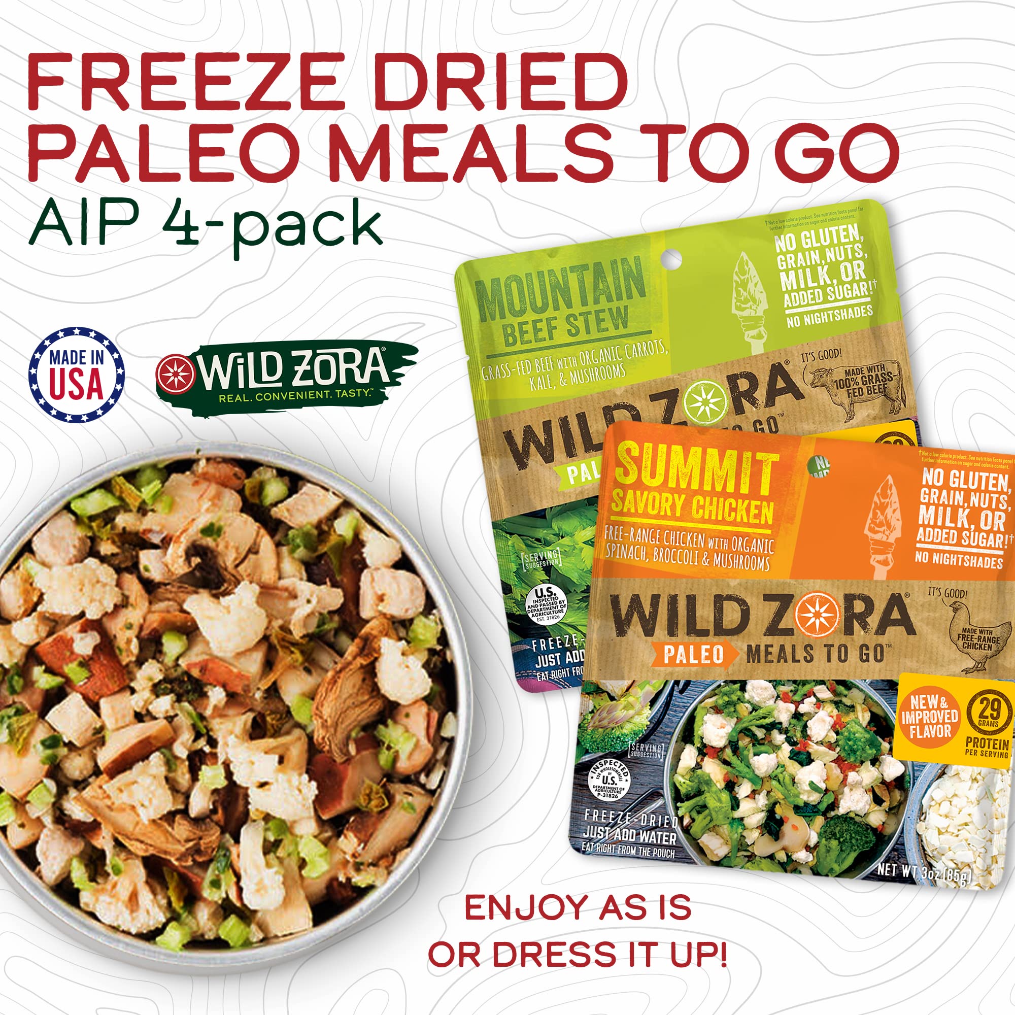 Wild Zora AIP-friendly elimination-stage meal highlights compatible option.