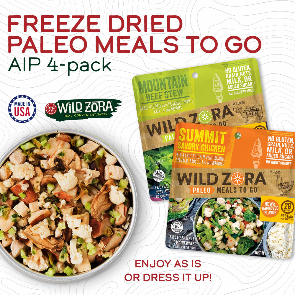 Wild Zora AIP-friendly elimination-stage meal highlights compatible option.